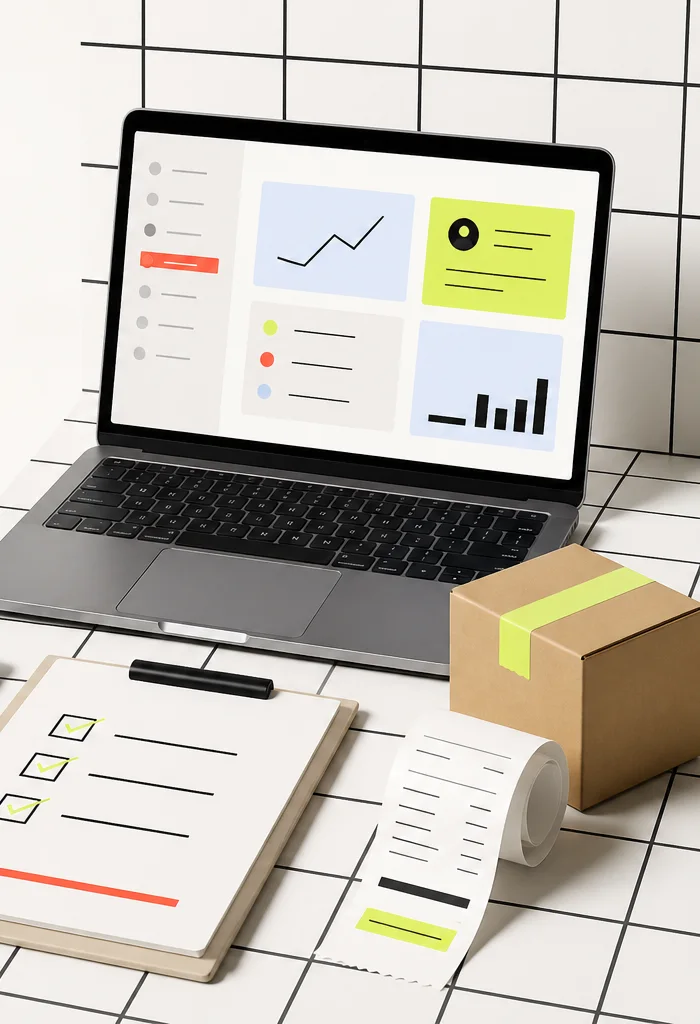 Portátil con panel de datos, lista de control y material de trabajo