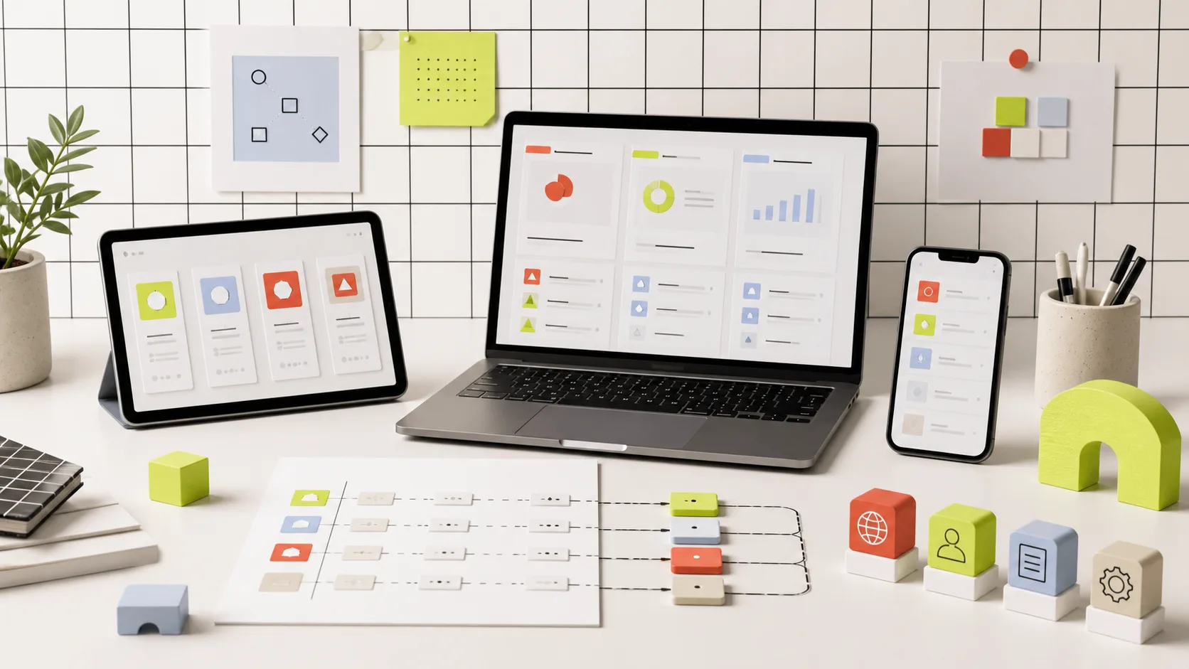 Varios dispositivos y módulos conectados para comparar soluciones digitales