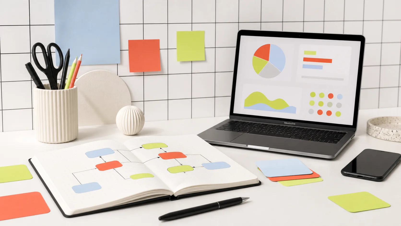 Mesa de planificación con portátil, cuaderno de procesos y tarjetas de colores